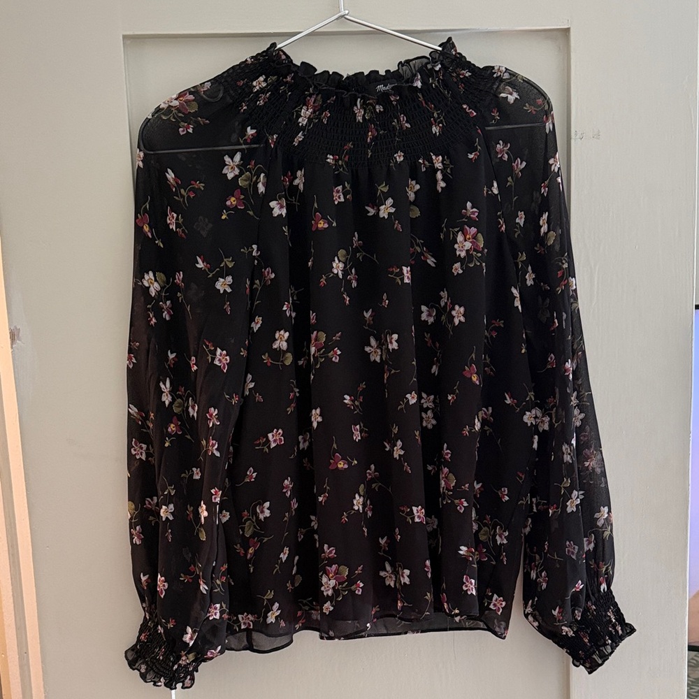 Madewell Black Floral Smocked-Neck Long-Sleeve Blouse